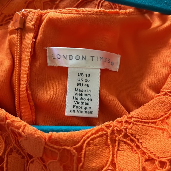 London Times dress bold Halloween orange color lace cap sleeves Sz 16. - Picture 5 of 5